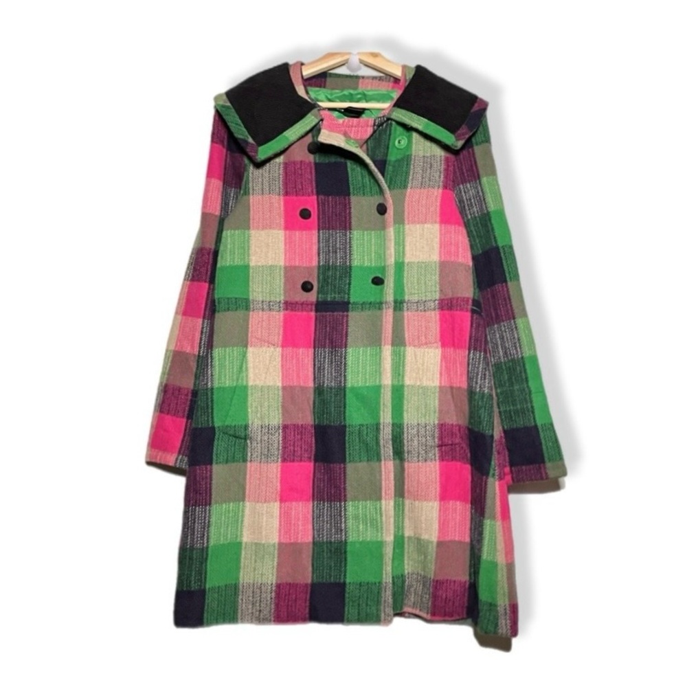 Marc Jacobs Pink & Green Plaid Wool Trench Coat with Contrast Collar